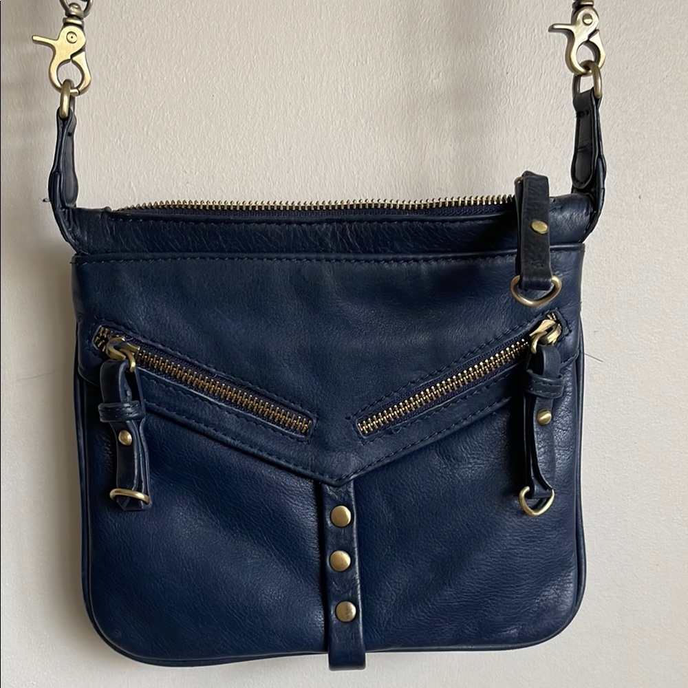 Sabina Navy Leather Crossbody Bag with Gold Accents
